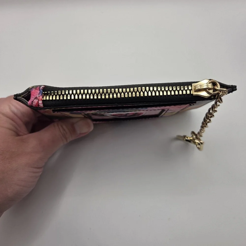 Betsey‎ Johnson Floral Card Holder Wallet Womens OS Pink Rose Gold Keychain Zip